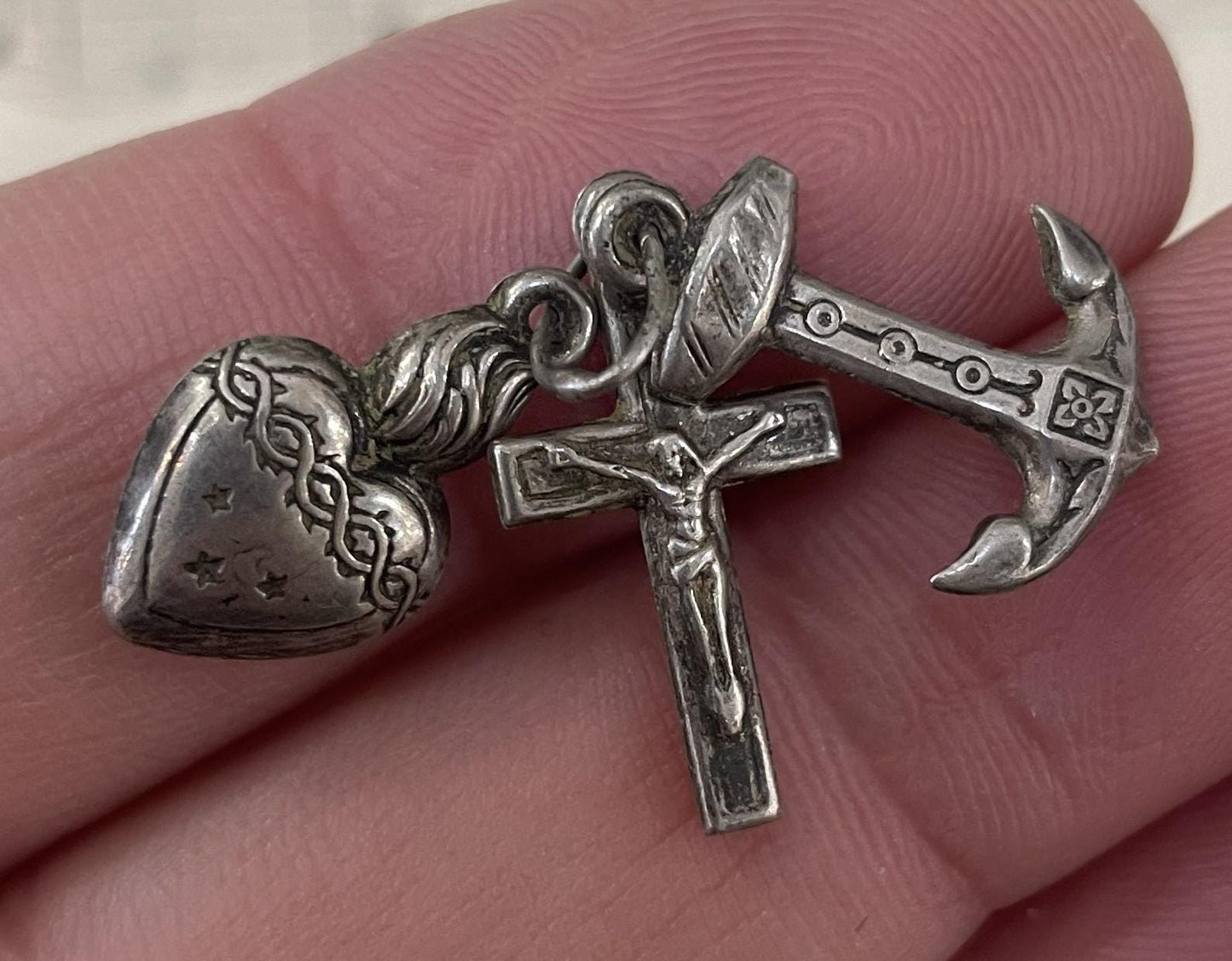 Antique French Sterling Silver Charity Faith Hope Virtue Pendant c1900