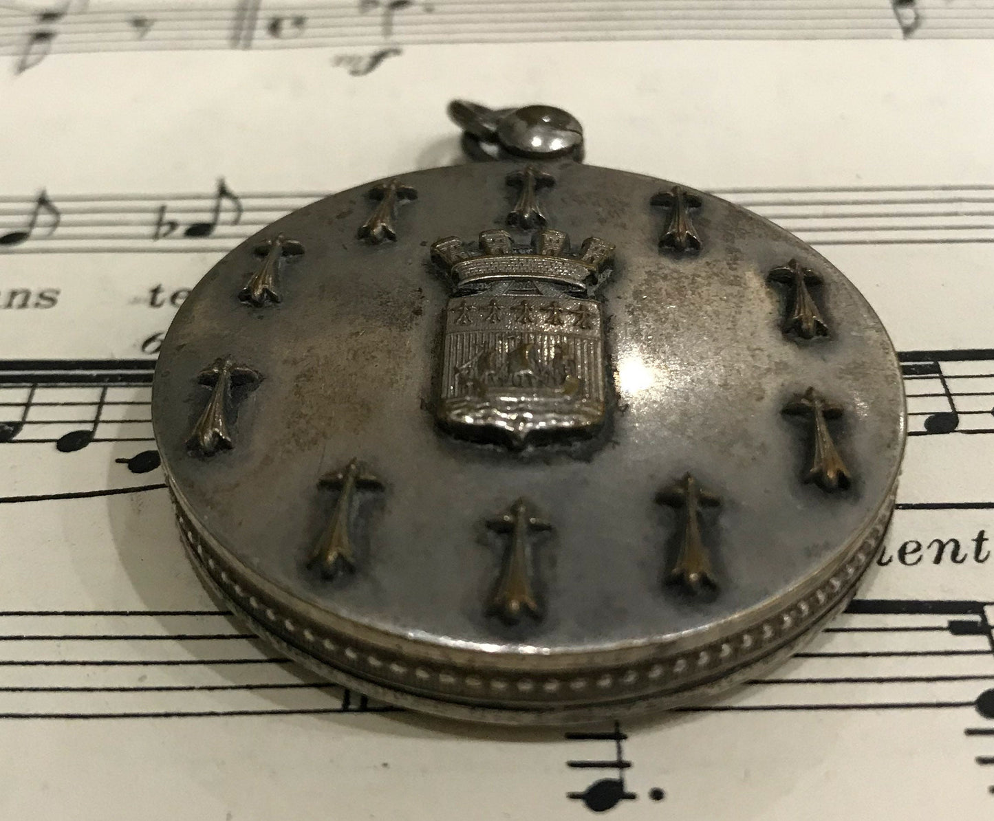 Antique French Art Nouveau Sliding Mirror Pendant Alsatian Cross Shield with Boat c1900