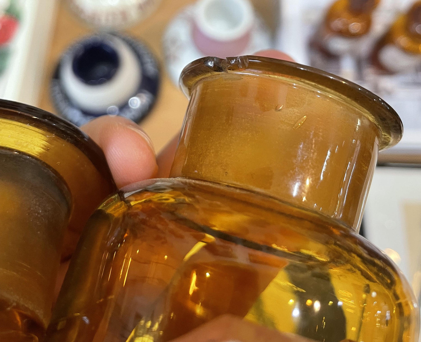 Small Antique French Apothecary Bottle Amber Glass Tartar. Stibiat. c1880