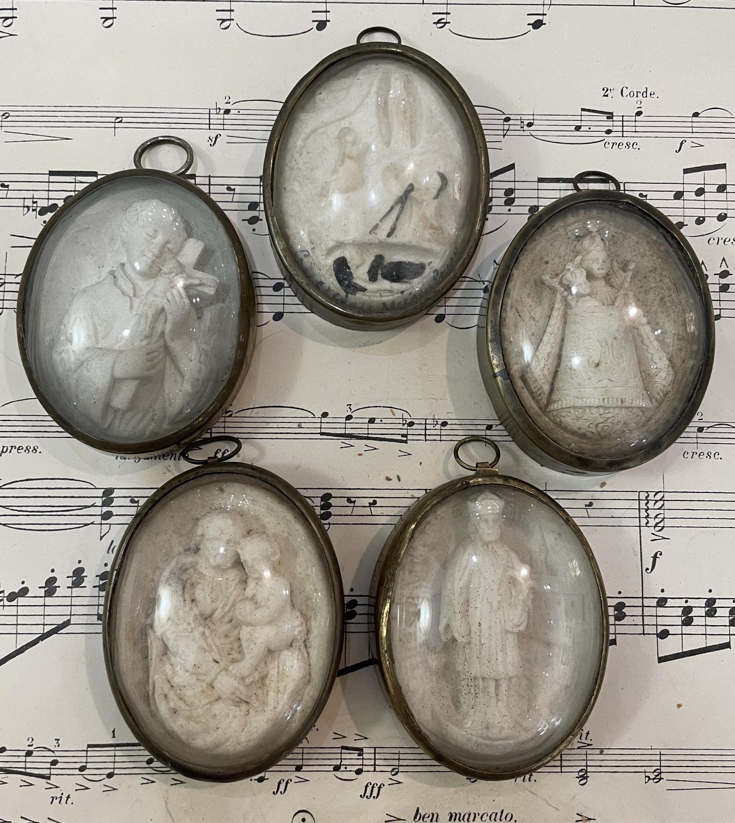 Rare Antique French Carved Plaster Lourdes Miracles St Bernadette Domed Glass Icon c1900