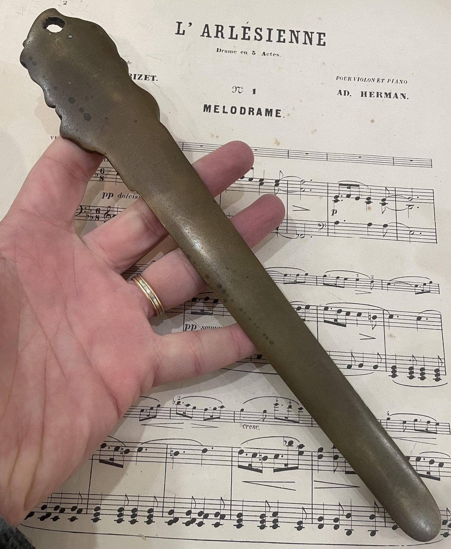 Rare Large Antique French Bronze Art Nouveau Letter Opener Leaves Signed Risch c1880