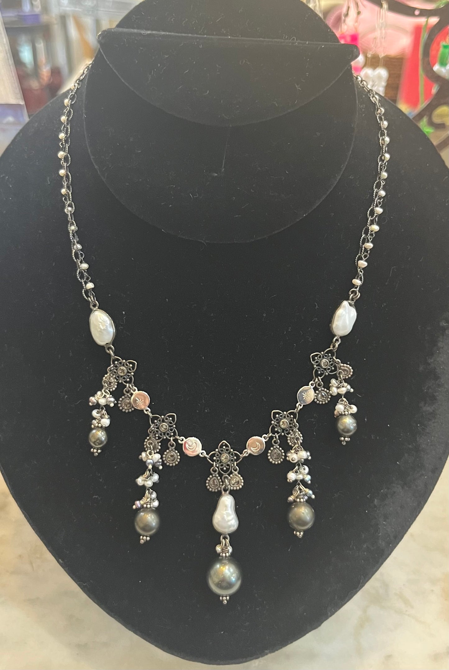 Tahitian Black Pearl and Diamond Necklace with tourmaline