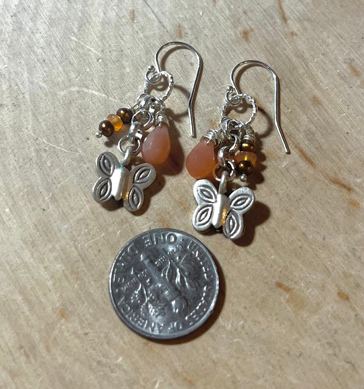 Butterfly Earrings with moonstone, pearls, sterling silver