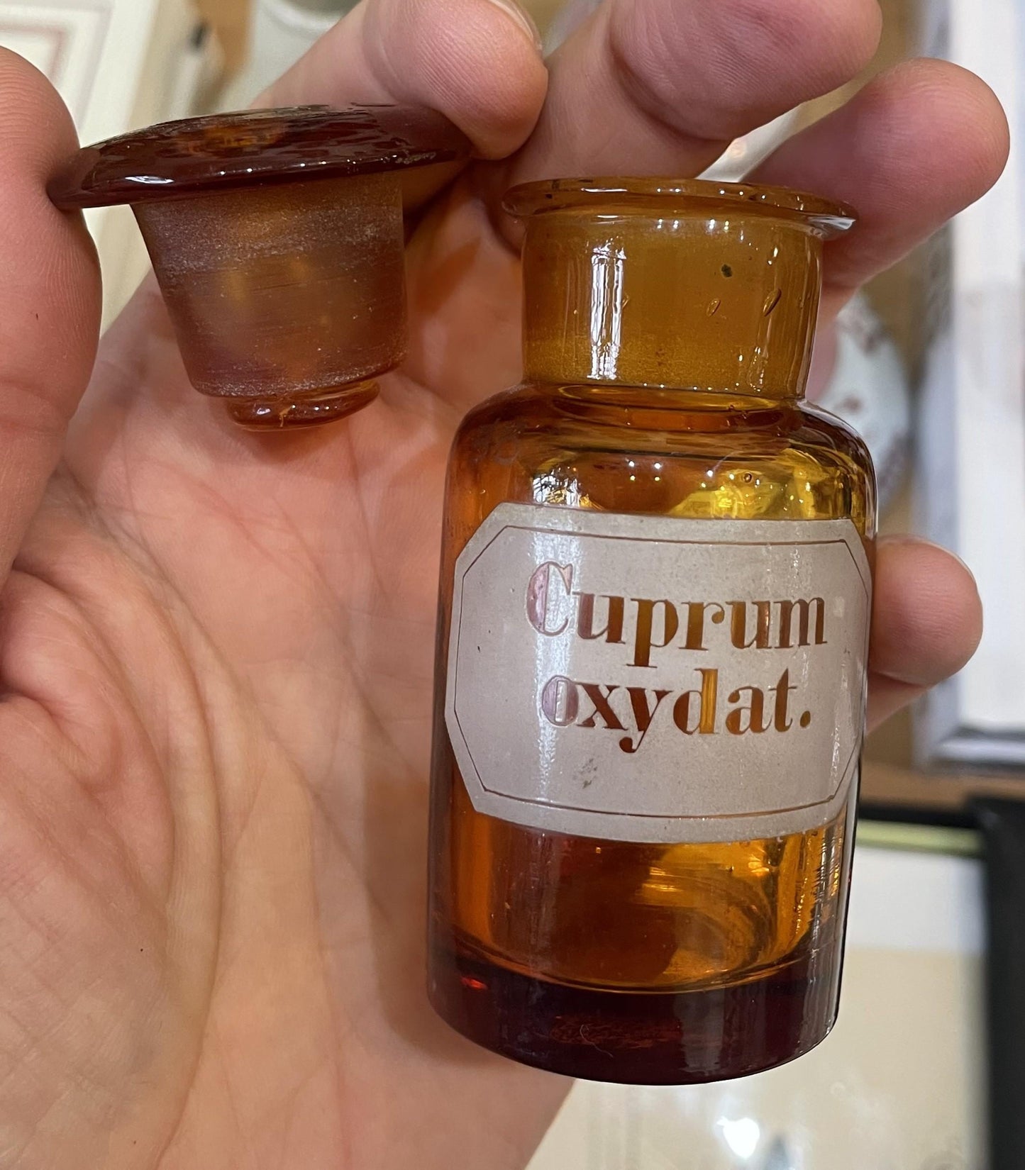 Small Antique French Apothecary Bottle Amber Glass Cuprum Oxydat. c1880
