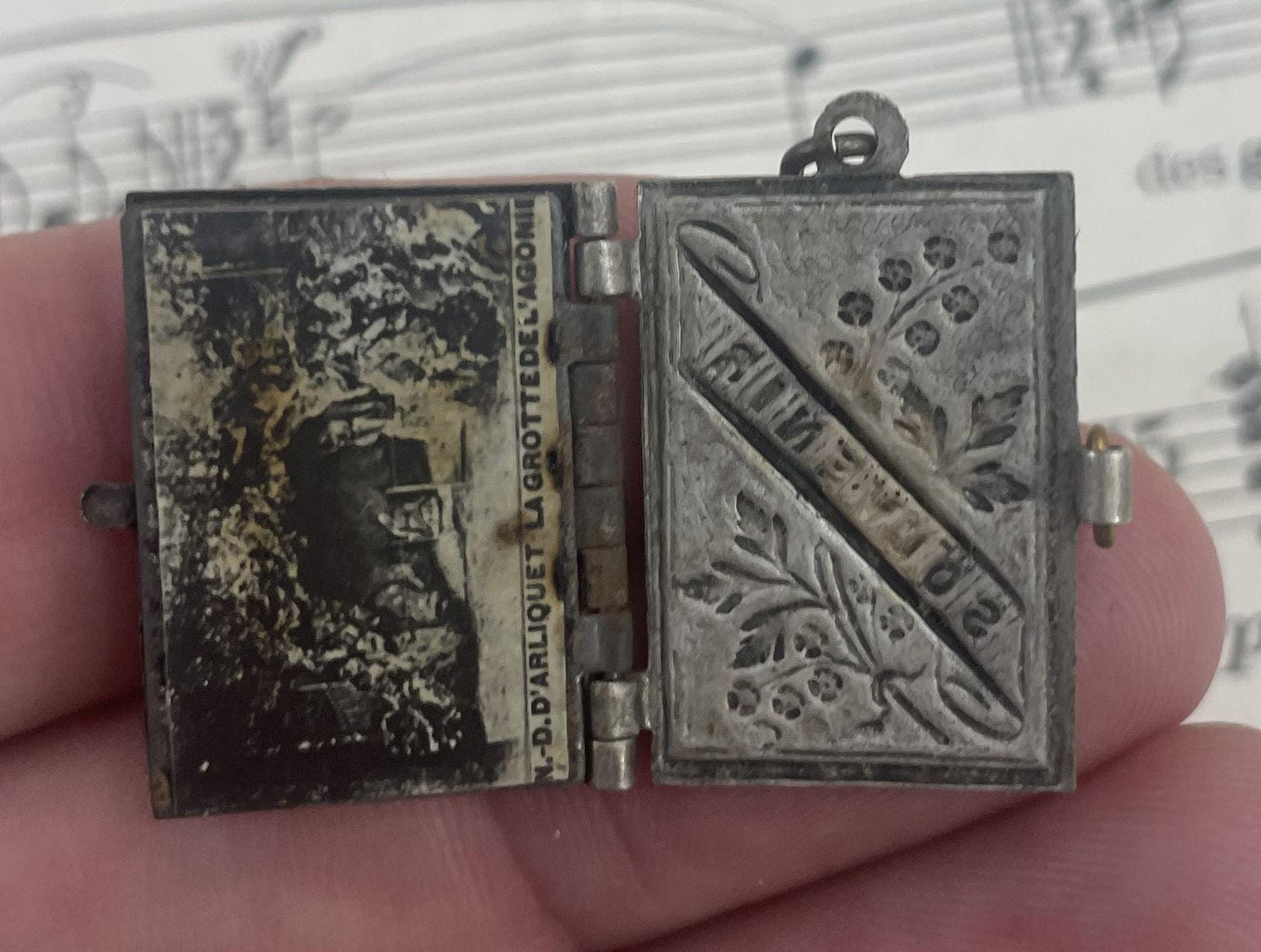 Antique French Souvenir Photo Book Pendant Locket Notre Dame d'Arliquet c1920