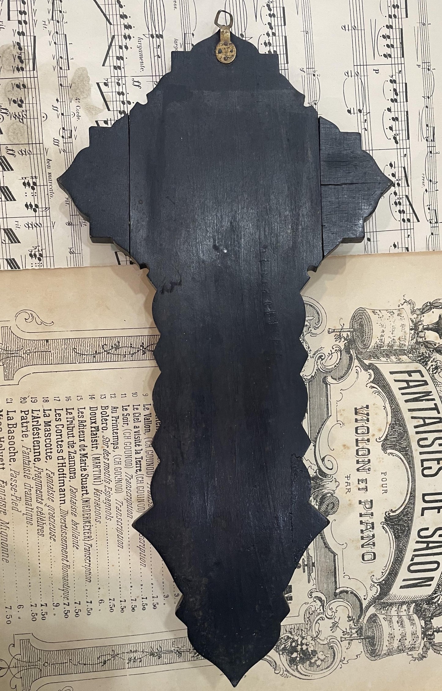 Rare Large Antique French Champleve Enamel Wood Holy Water Font Jesus c1880