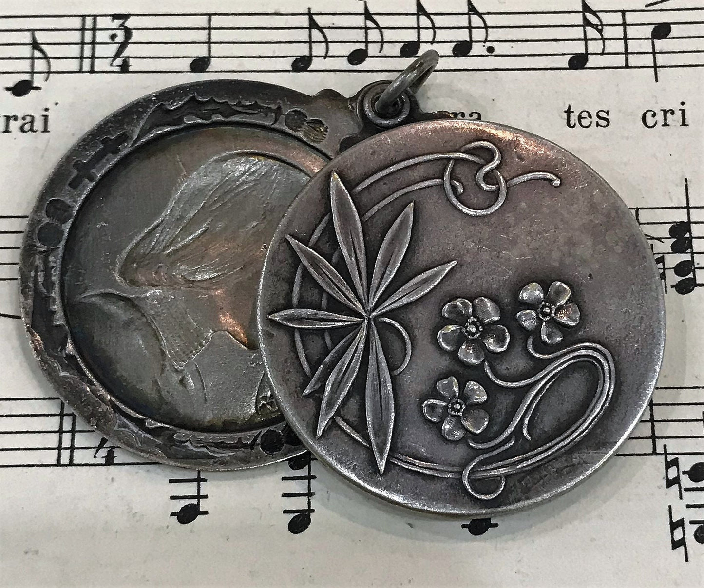 Antique French Art Nouveau Joan of Arc Thistle Sliding Mirror Pendant c1900