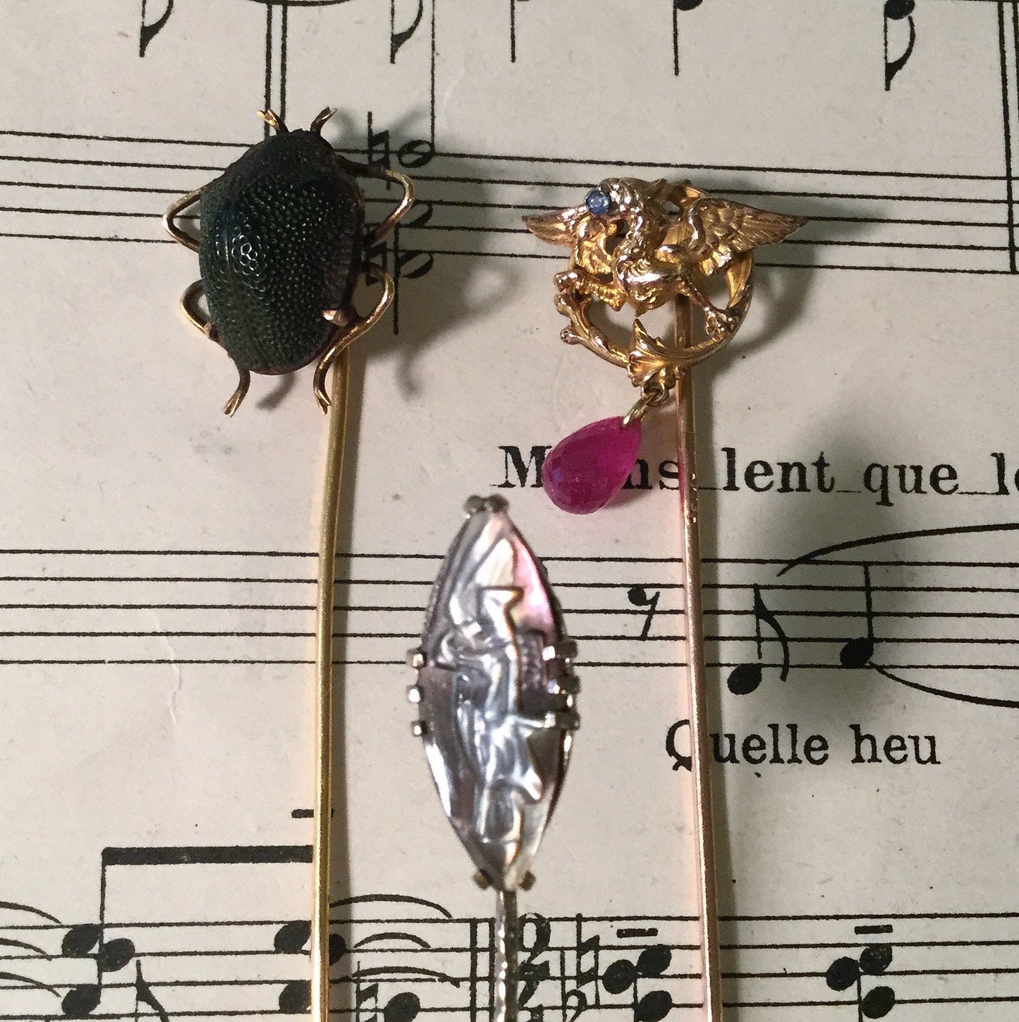 Antique French Art Nouveau Mother of Pearl Cameo Woman Bird Angel Hat Stick Pin c1920