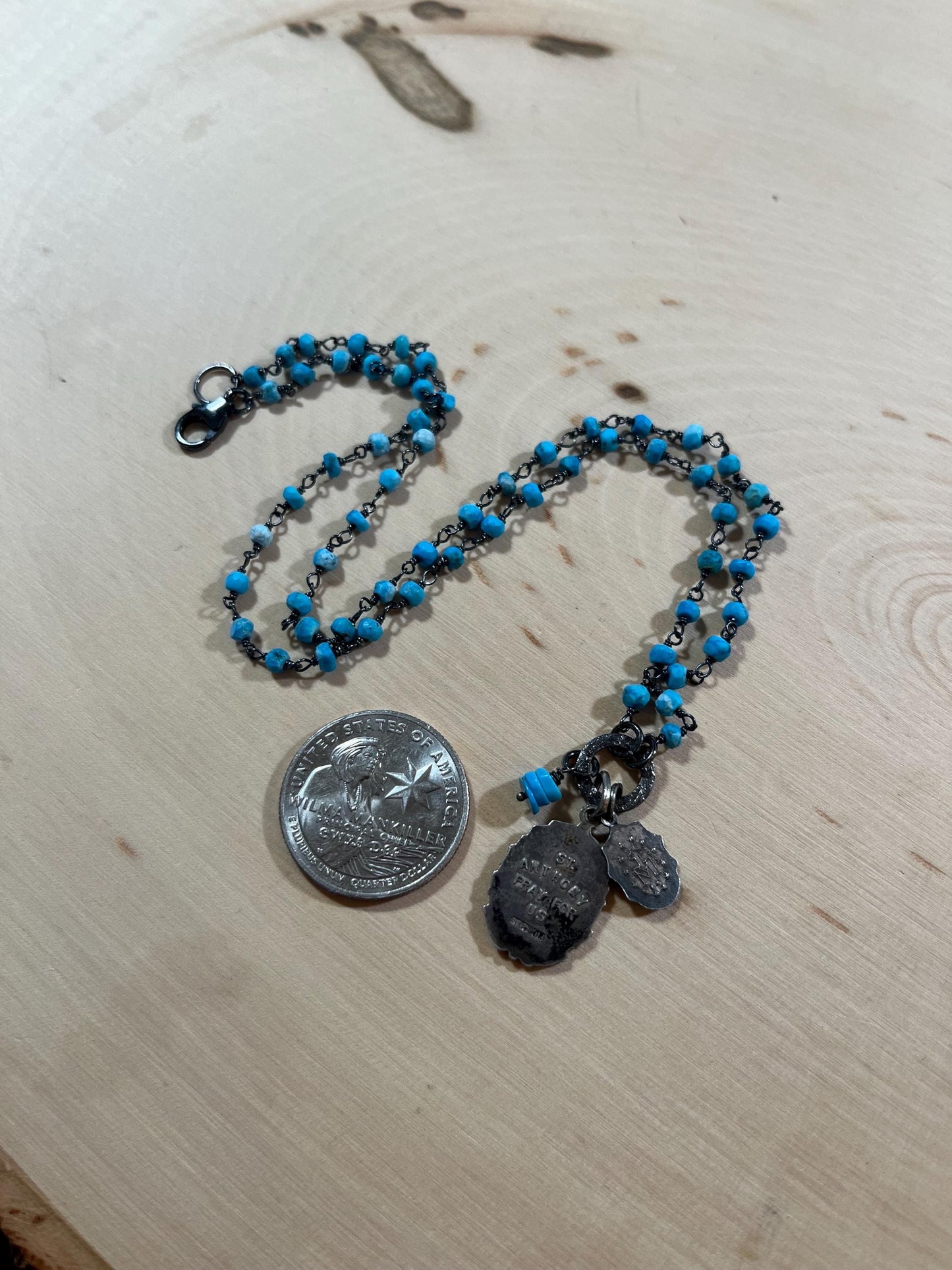 Vintage St Anthony medal and Miraculous Mary necklace with turquoise and sterling silver