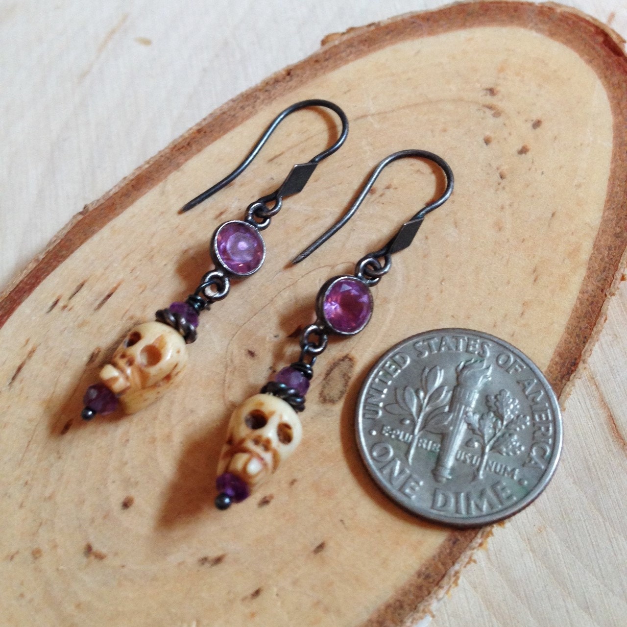 Amethyst Shrunken Head Skull Earrings