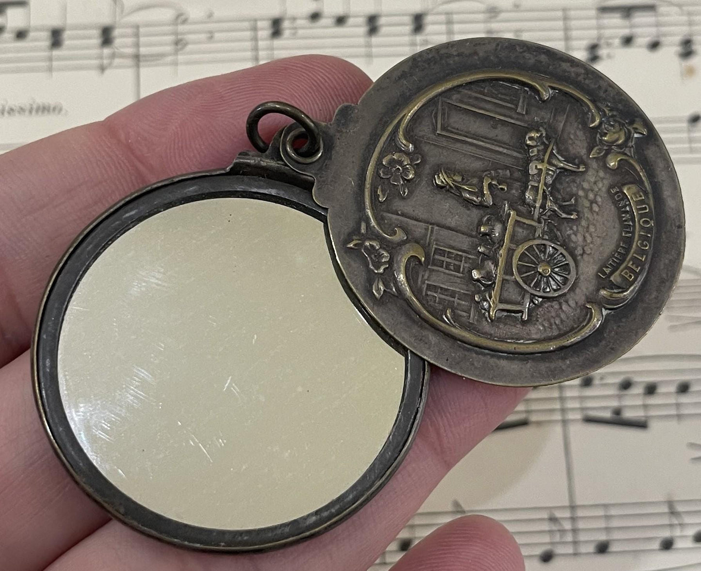 Antique Belgian Art Nouveau Sliding Mirror Pendant Flemish Milk Woman c1920