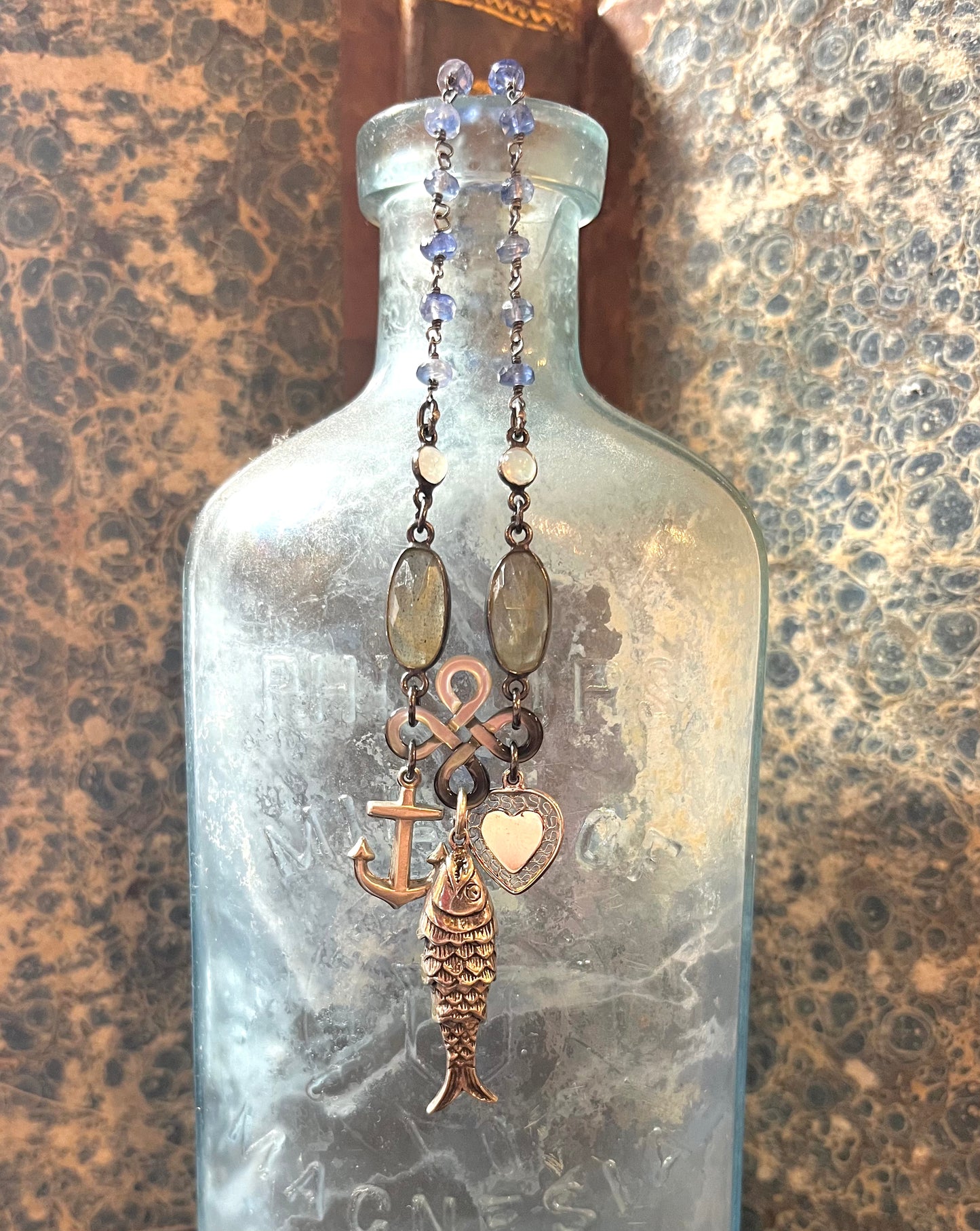 Sterling fish, anchor, heart and gemstone necklace