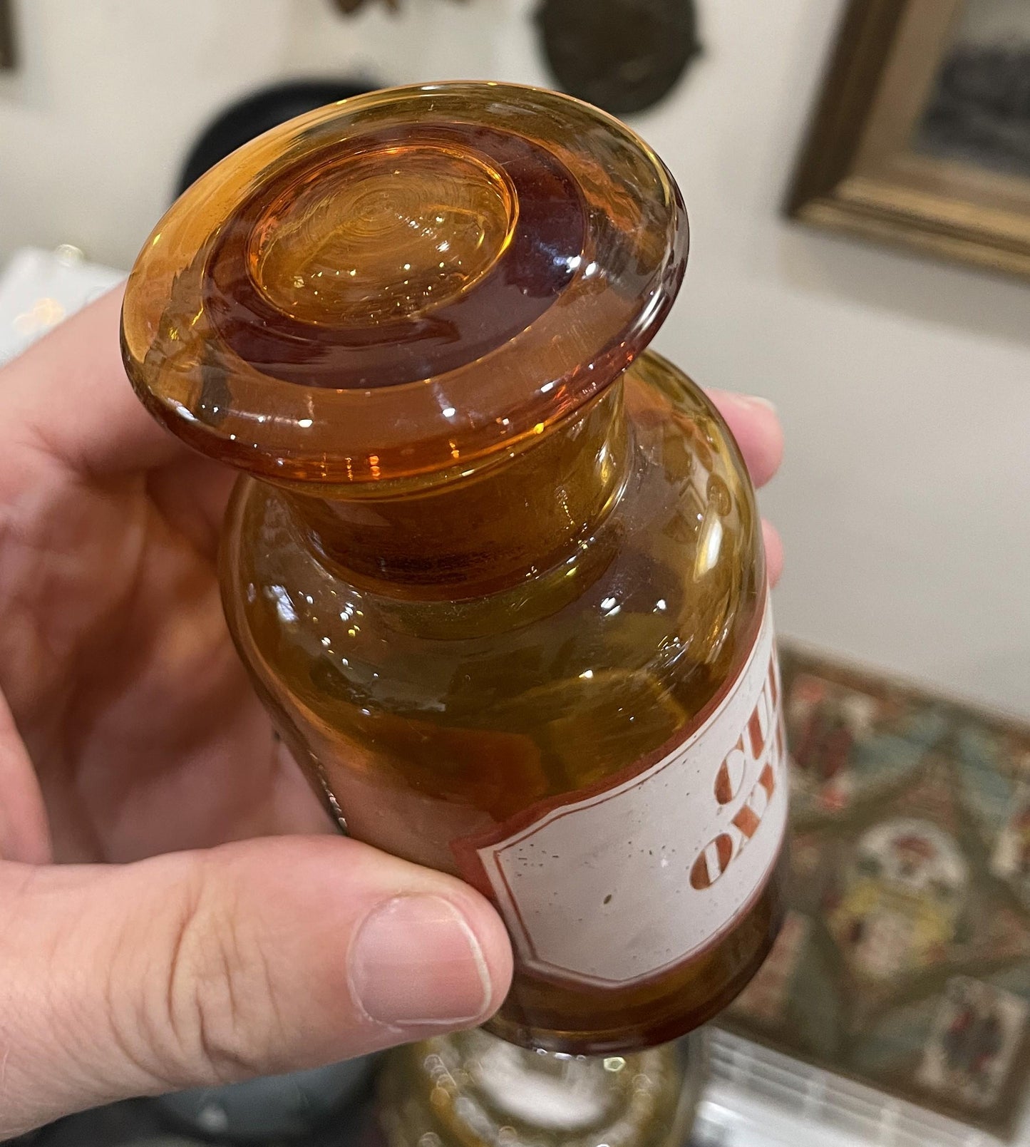 Small Antique French Apothecary Bottle Amber Glass Cupr. Oxydat. c1880