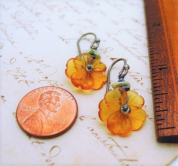 Dangle Citrine Buttercup Blossom Earrings with pyrite, freshwater pearls and sterling