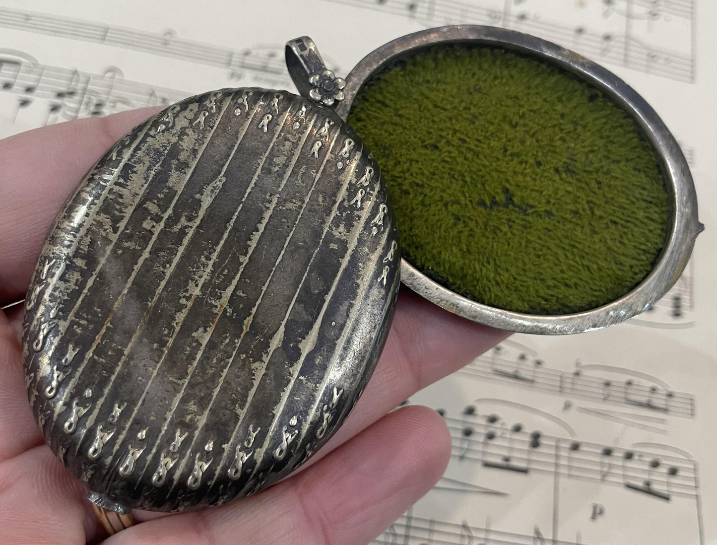 Large Antique French Art Nouveau Silver Plated Sliding Mirror Pendant c1900