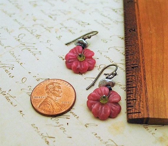 Dangle Pink Rhodonite Cherry Blossom Earrings with pearls, peridot and sterling earwires