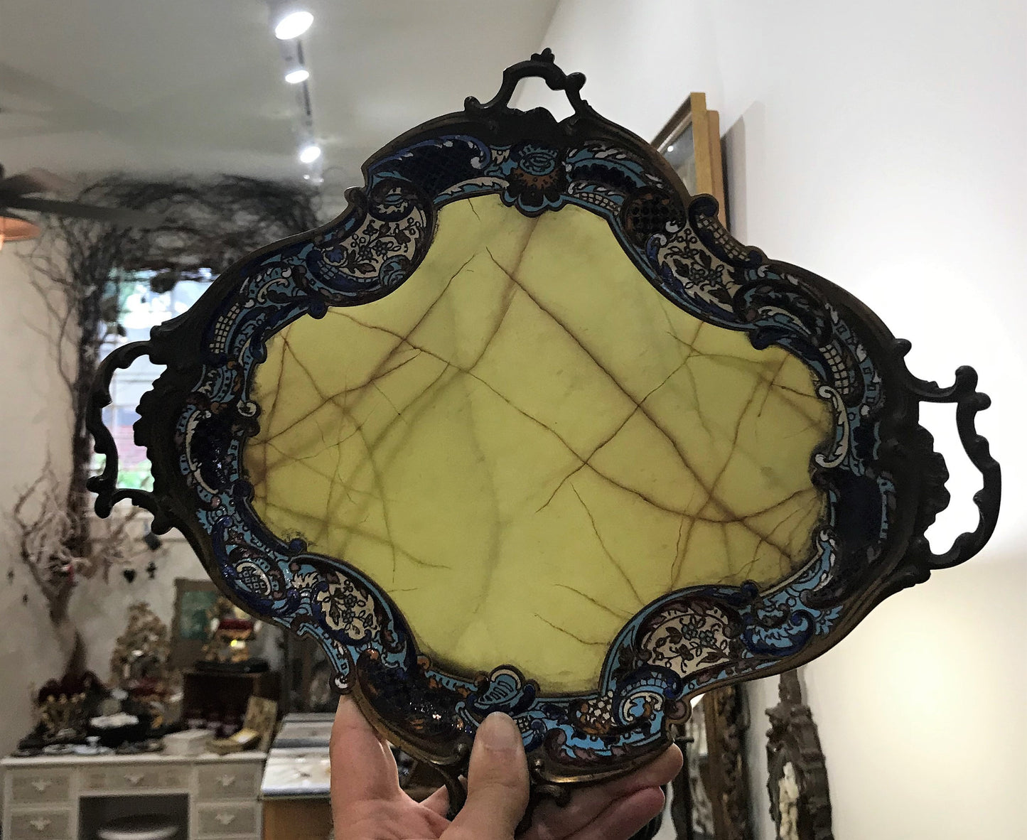 Rare Large Antique French Bronze Champleve Enamel Green Onyx Tray Platter Centerpiece c1880