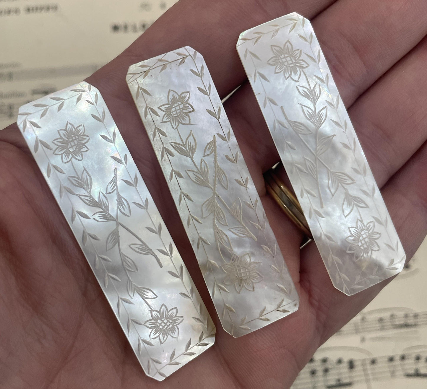 Antique French Carved Mother of Pearl Game Pieces Sunflower Lot of 3 c1860