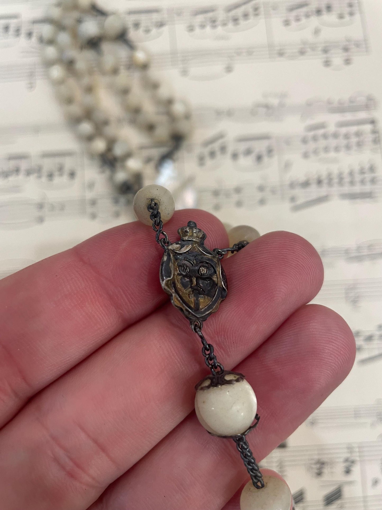 Rare Antique French Mother of Pearl Sterling Silver First Communion Rosary c1880