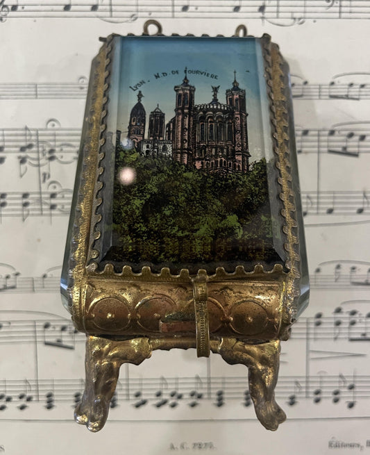 Antique French jewelry box / pocket watch holder with Notre Dame Fourviere Lyon c1900