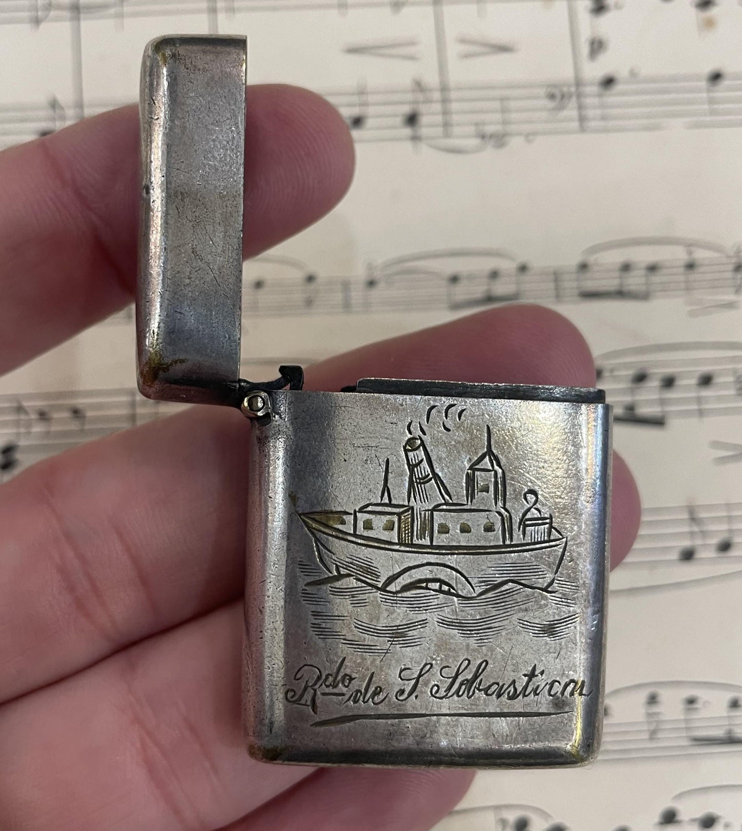 Antique Spanish Silver Plated Match Case Vesta Boat San Sebastian c1900