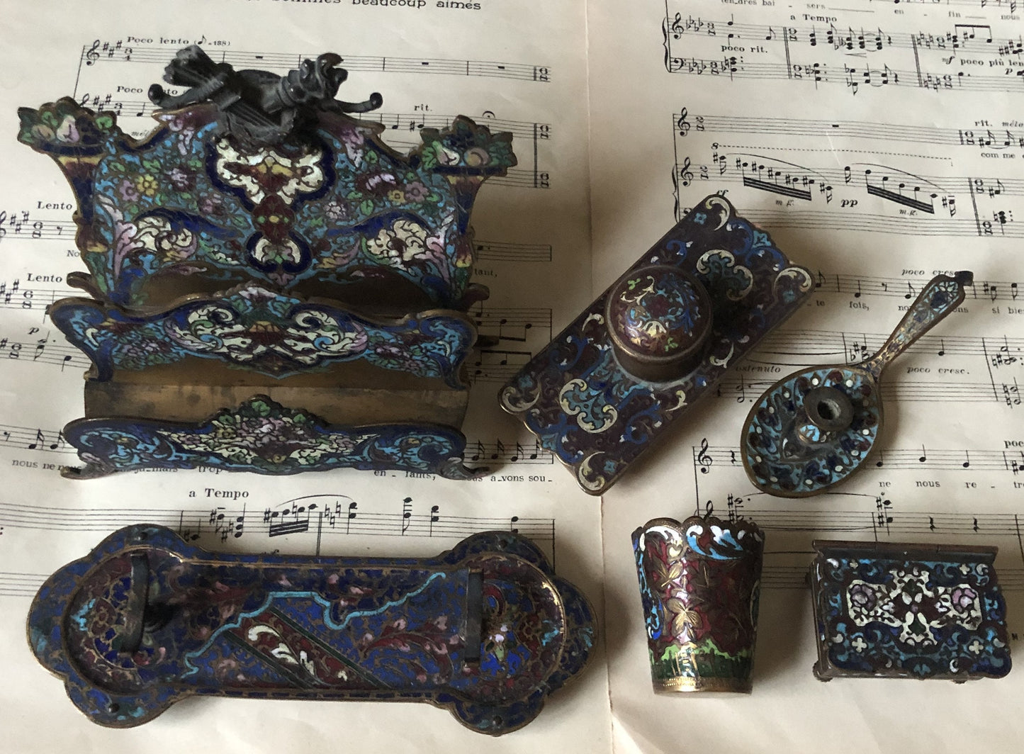 Rare Antique French Champleve Enamel Letter Holder c1880