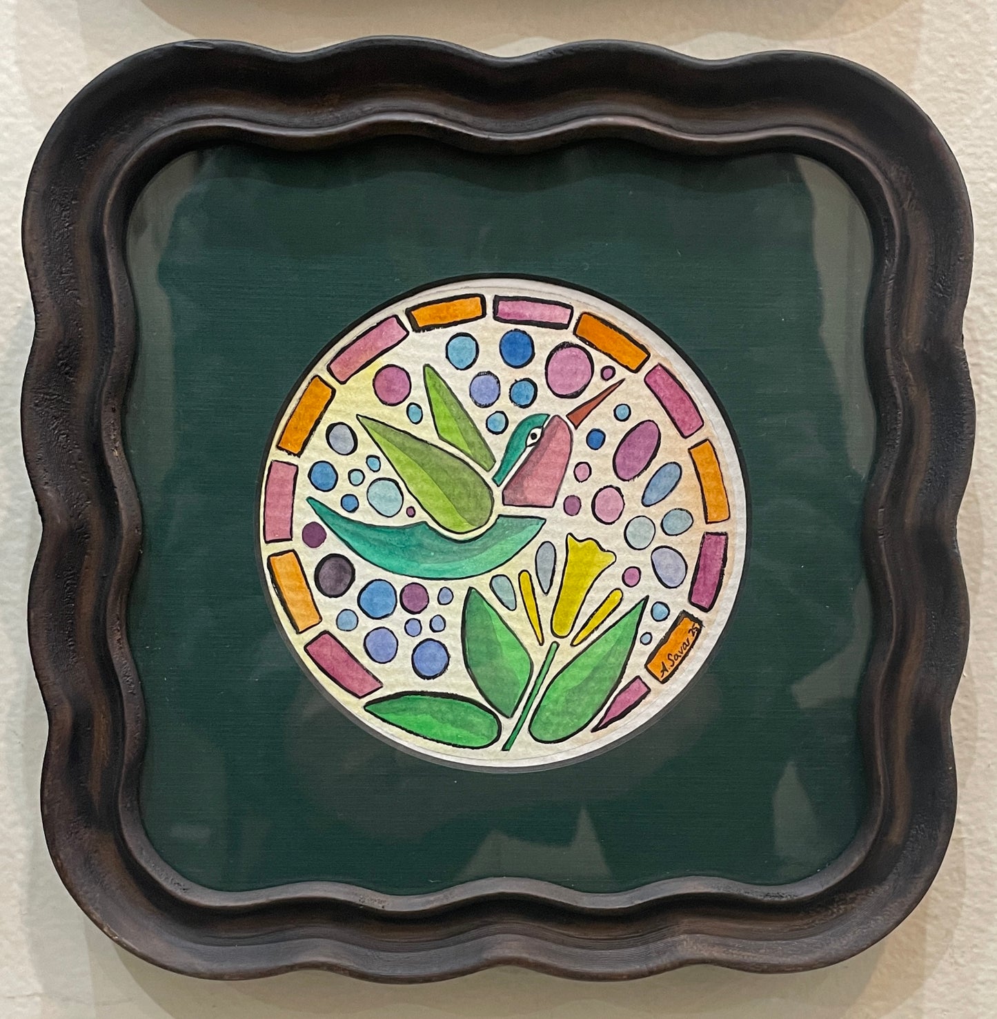 Stained Glass Hummingbird - Original Framed Watercolor