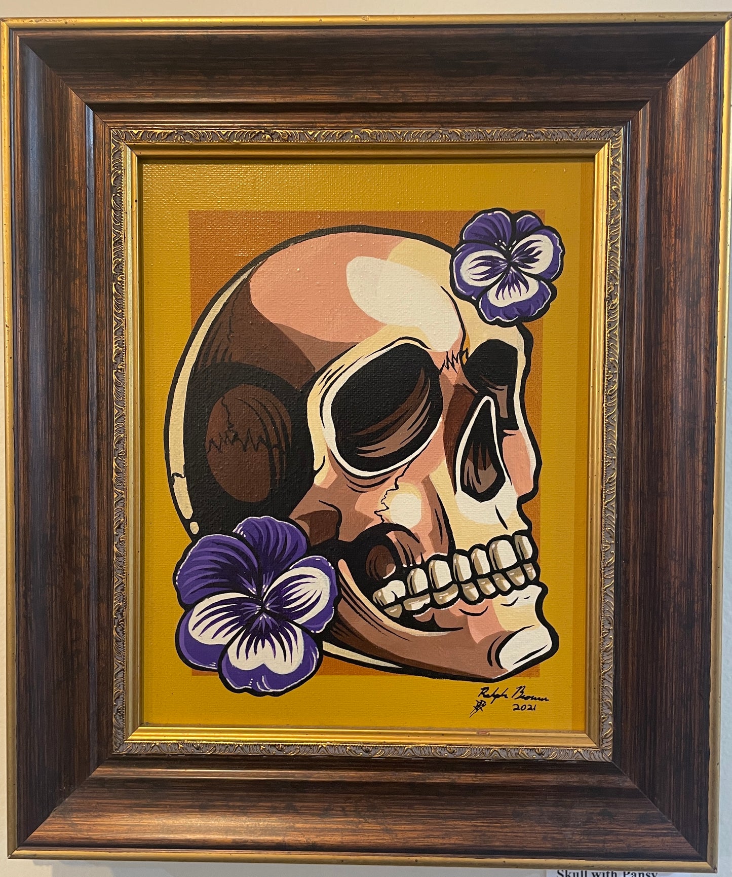 Skull with Pansy - Original Framed Oil on Canvas Painting