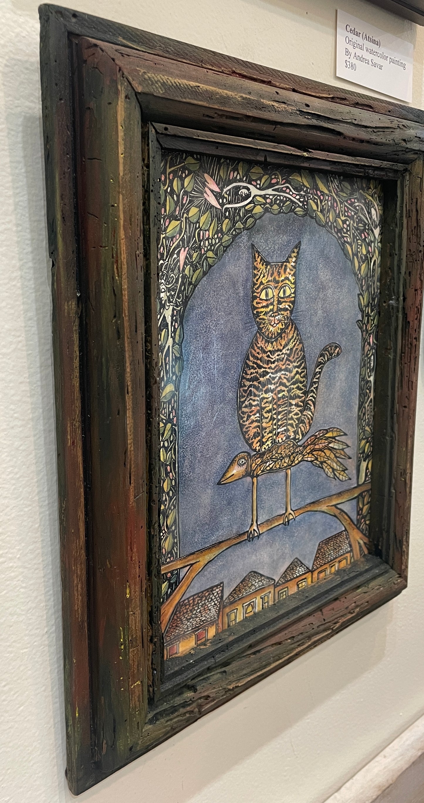 Cat Bird - Original Framed Acrylic & Pen and Ink on Board Painting