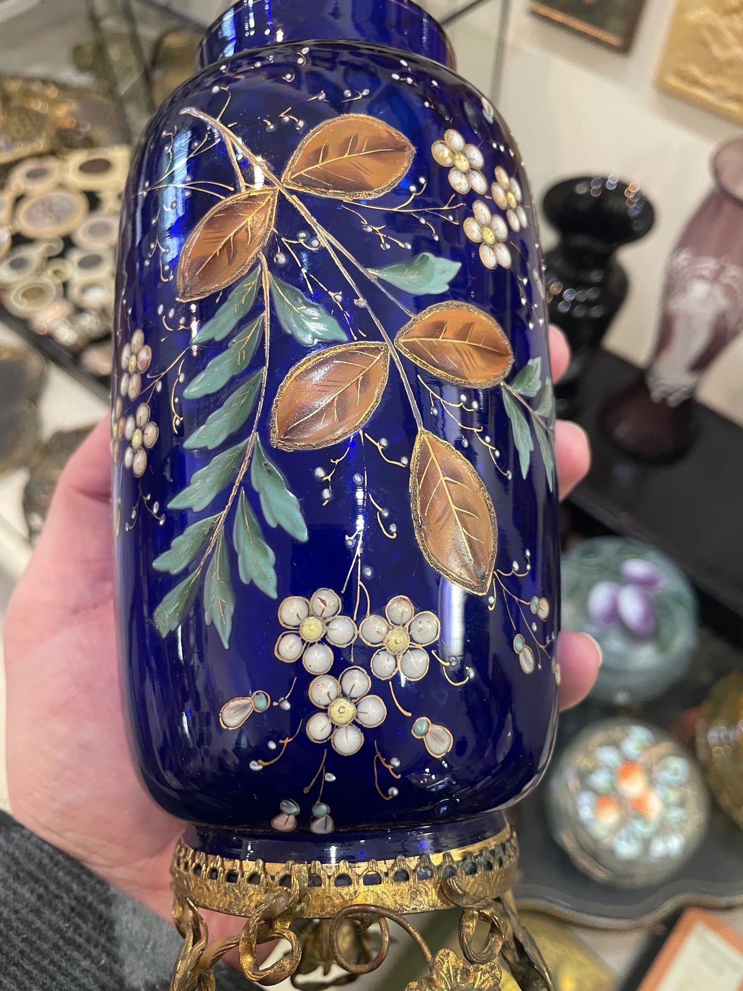 Rare Antique French Blue Glass Hand Painted Enameled Vase Flowers c1900