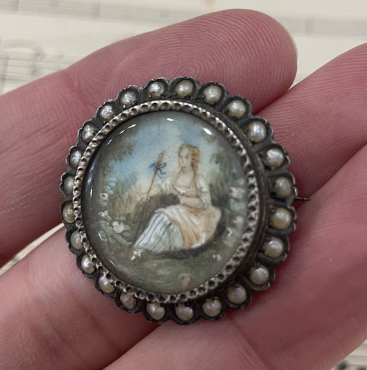 Rare Antique French Sterling Silver Hand Painted Woman Brooch with Pearls c1900
