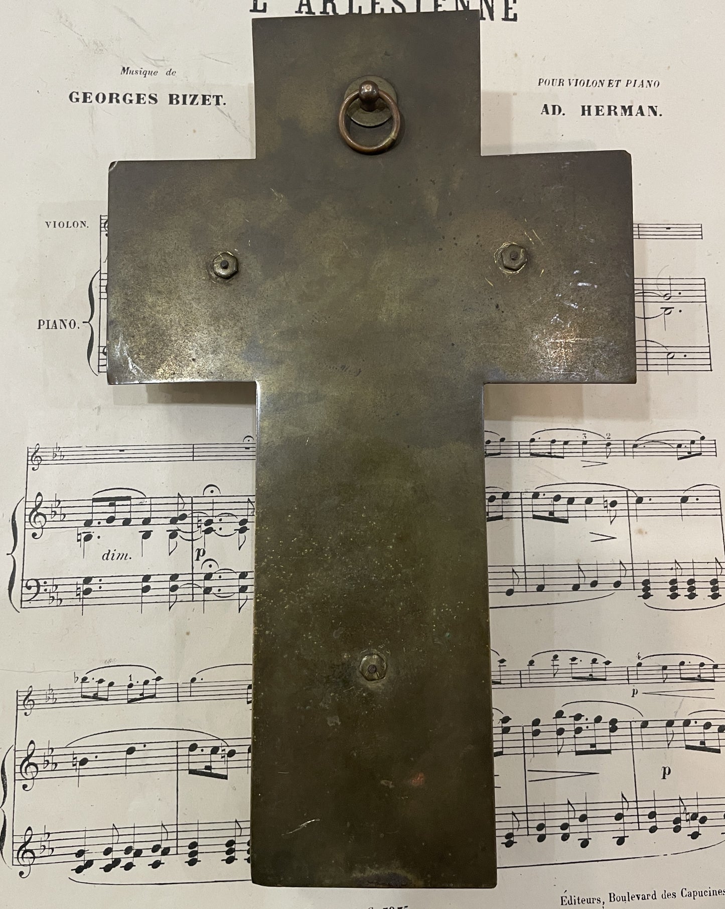 Antique French Green Onyx Holy Water Font Jesus Cross Crucifix c1920