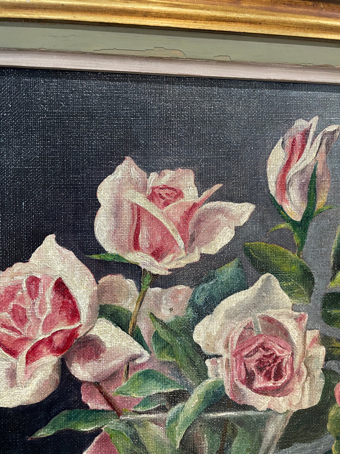 Antique French Oil on Canvas Flower Roses Still Life c1920