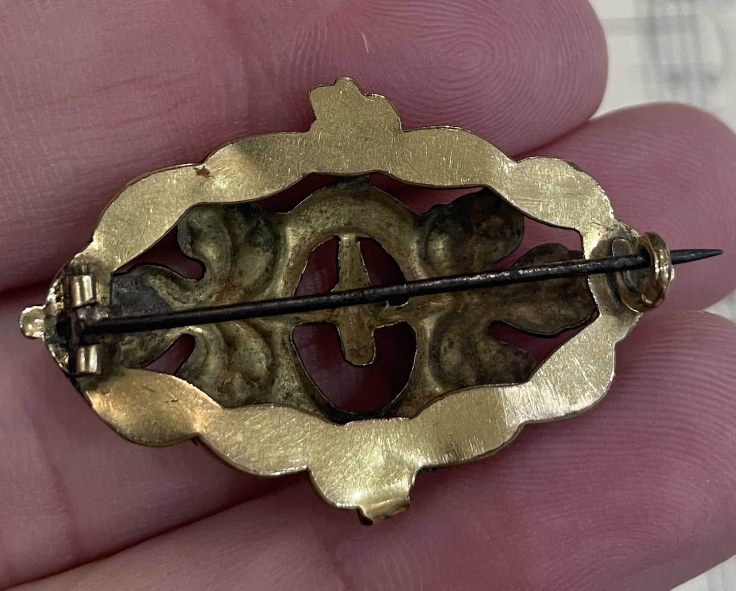 Rare Antique French Art Nouveau 10k Gold Enameled Brooch Flower c1900
