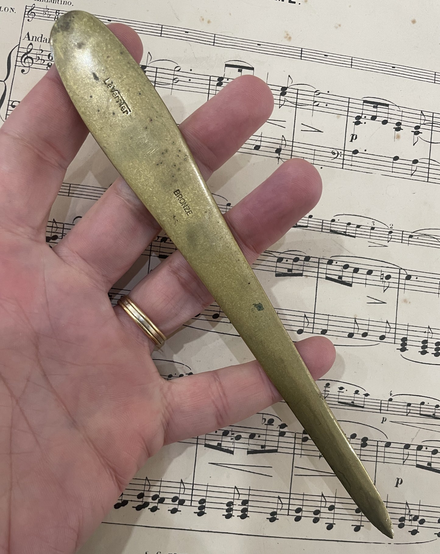 Rare Antique French Max LeVerrier Bronze Letter Opener Hunter Fleur de Lys c1940