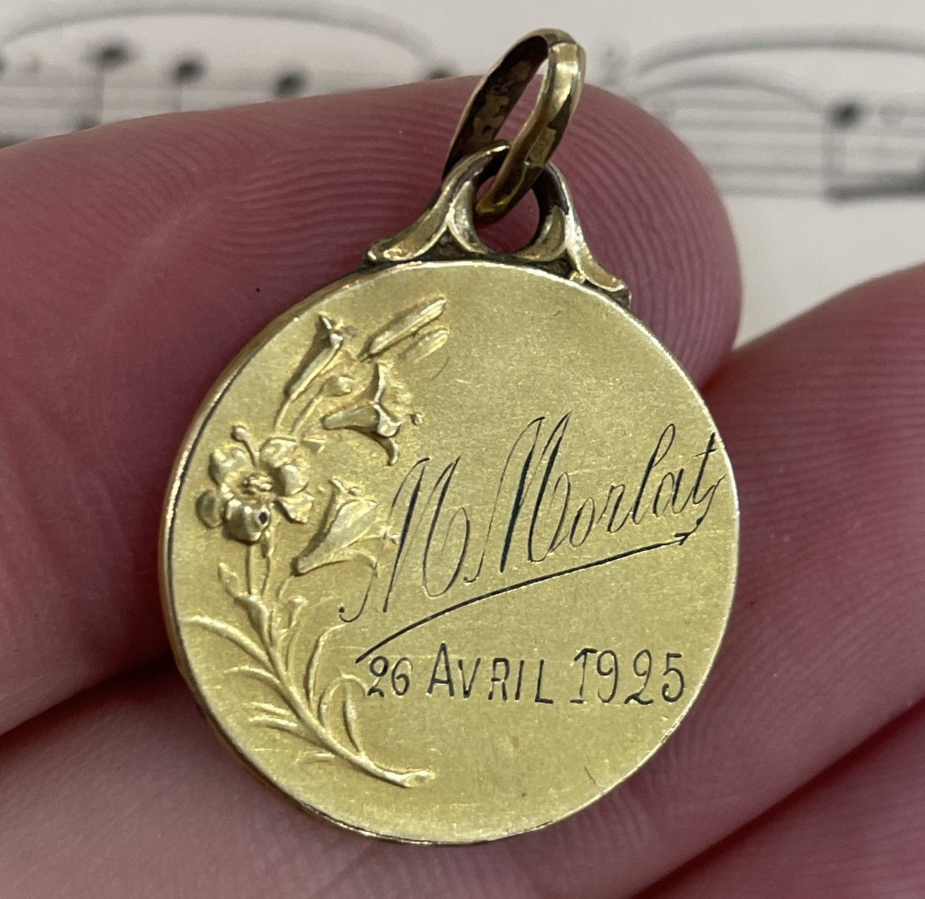 Antique French Art Nouveau Gold-Filled Virgin Mary Religious Medal c1925