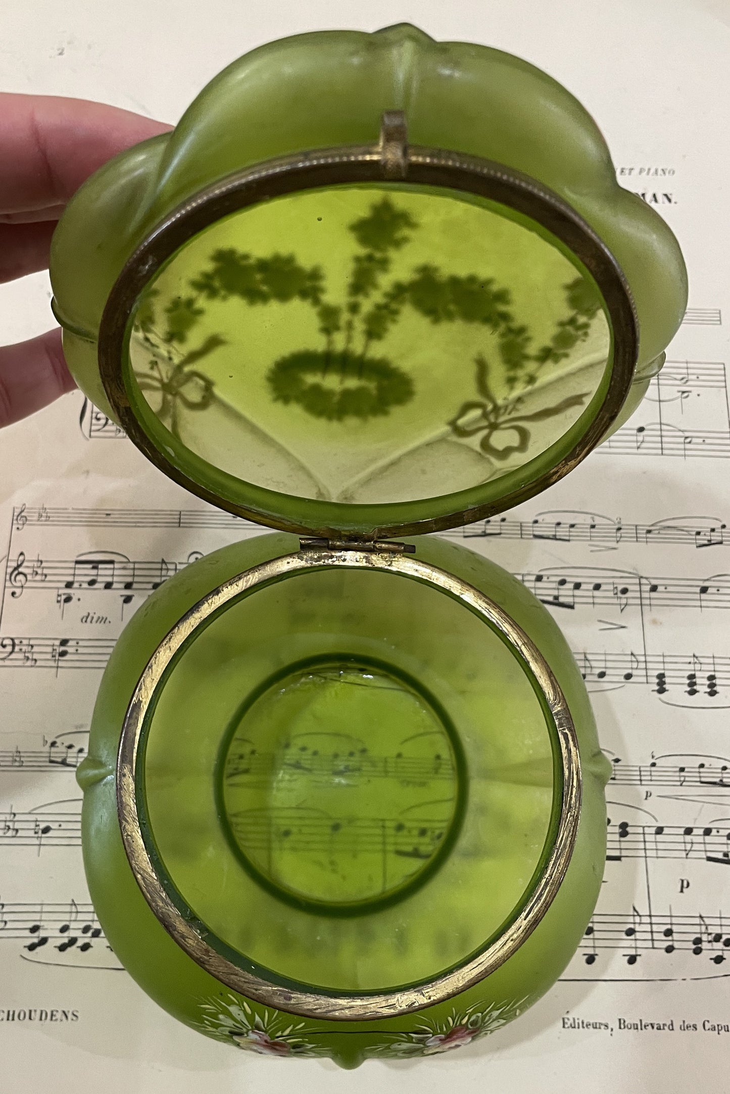 Rare Antique French Art Nouveau Gilt Brass Green Glass Hand Painted Enameled Box c1900