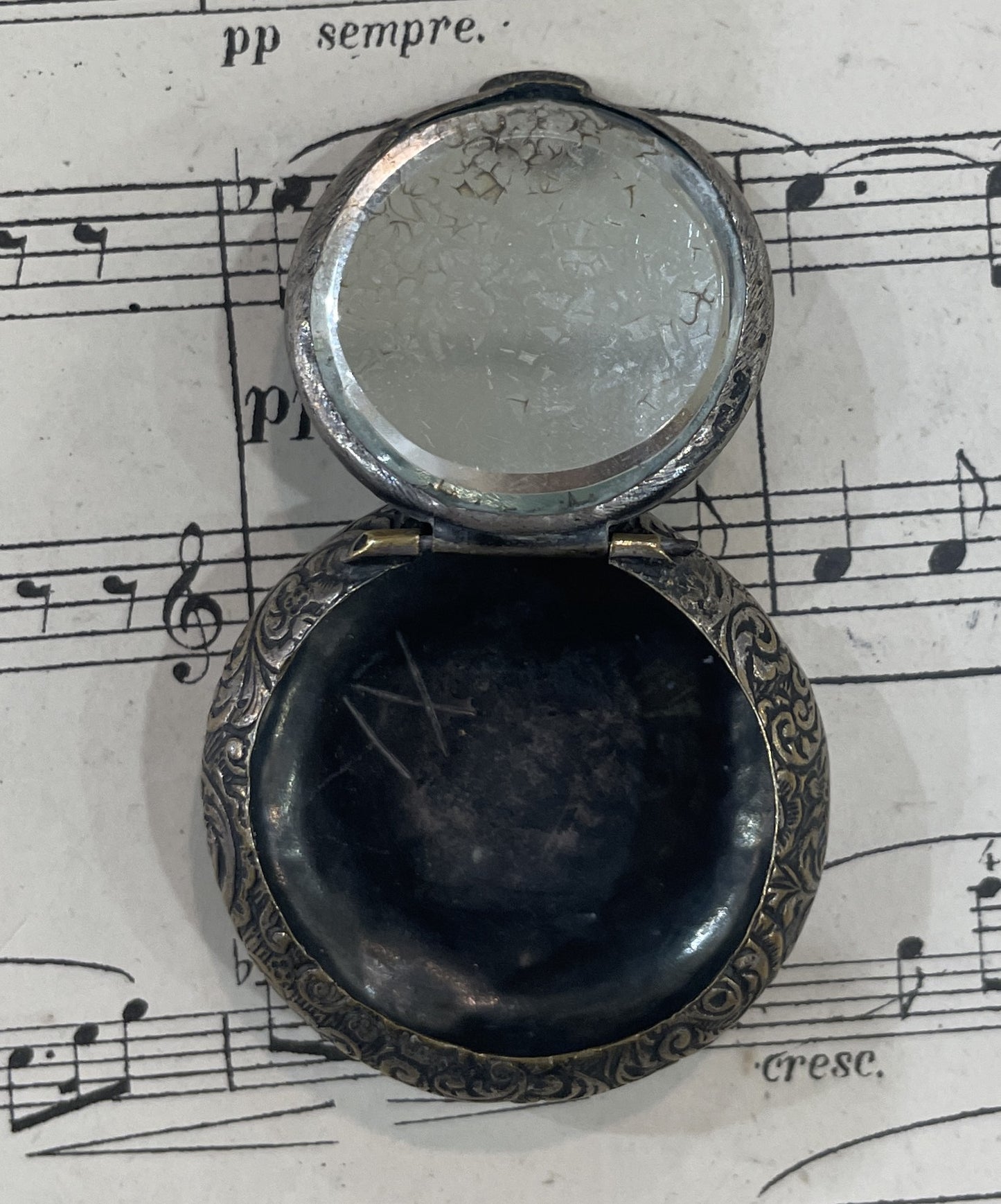 Antique French Pill Box Powder Puff with Mirror Fleur de Lys c1900