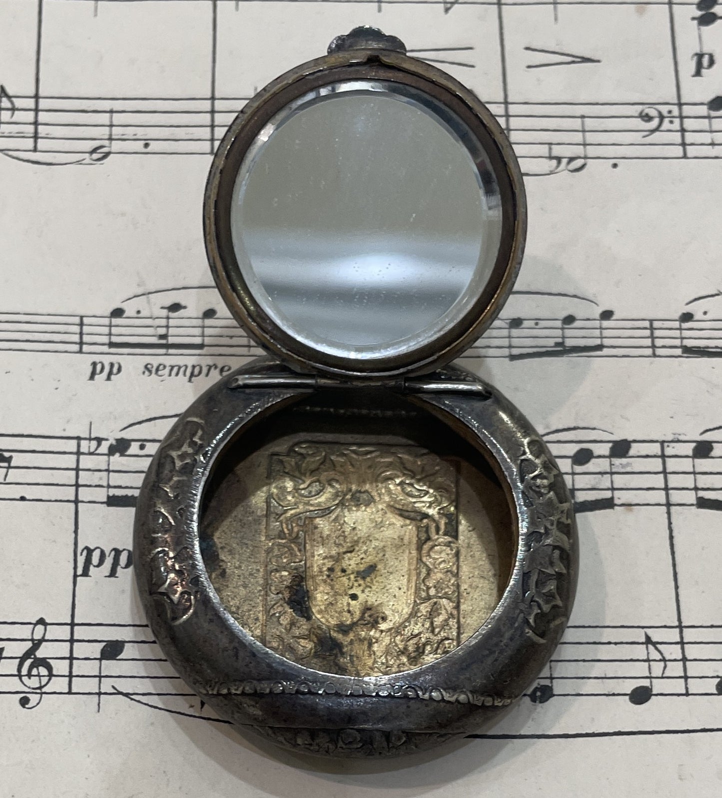 Antique French Pill Box Powder Puff with Mirror Flowers c1900