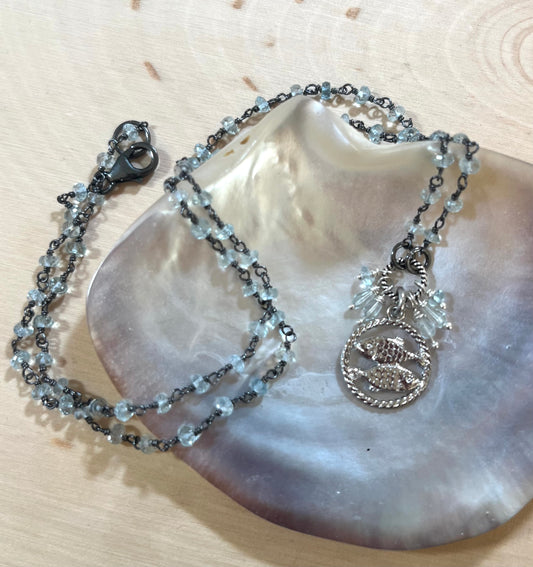 Pisces zodiac charm necklace with aquamarine sterling silver
