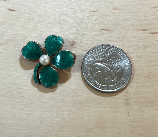 Vintage Enameled Guilloche goldwash over silver clover brooch c1950