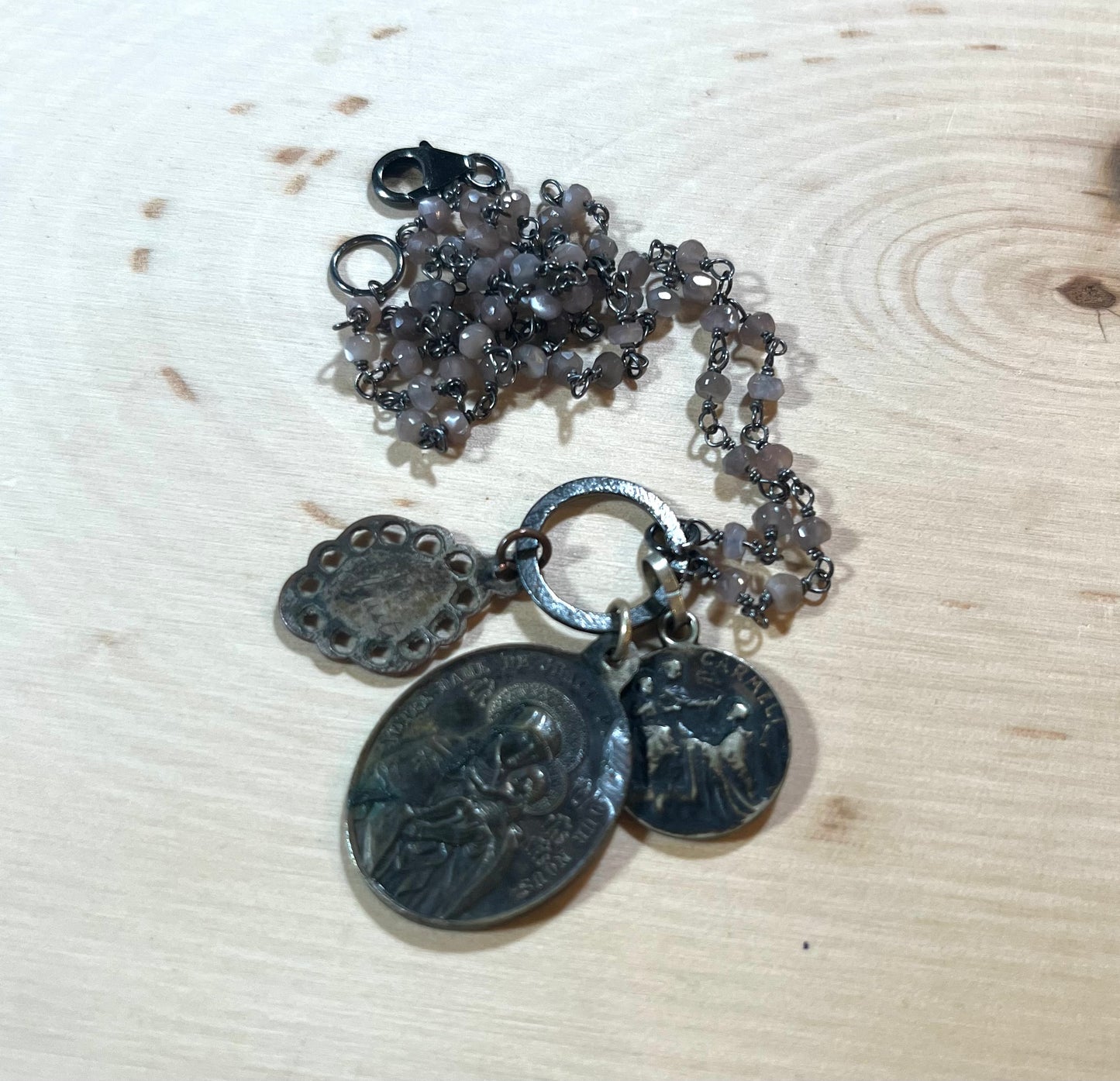 Vintage Bronze Medals with Moonstone necklace