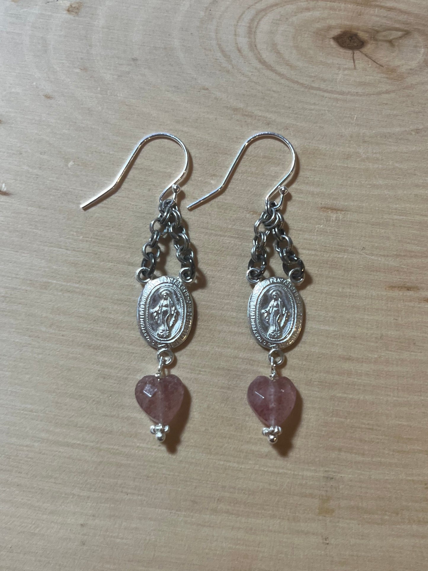 Sterling Miraculous Mary earrings with strawberry quartz hearts