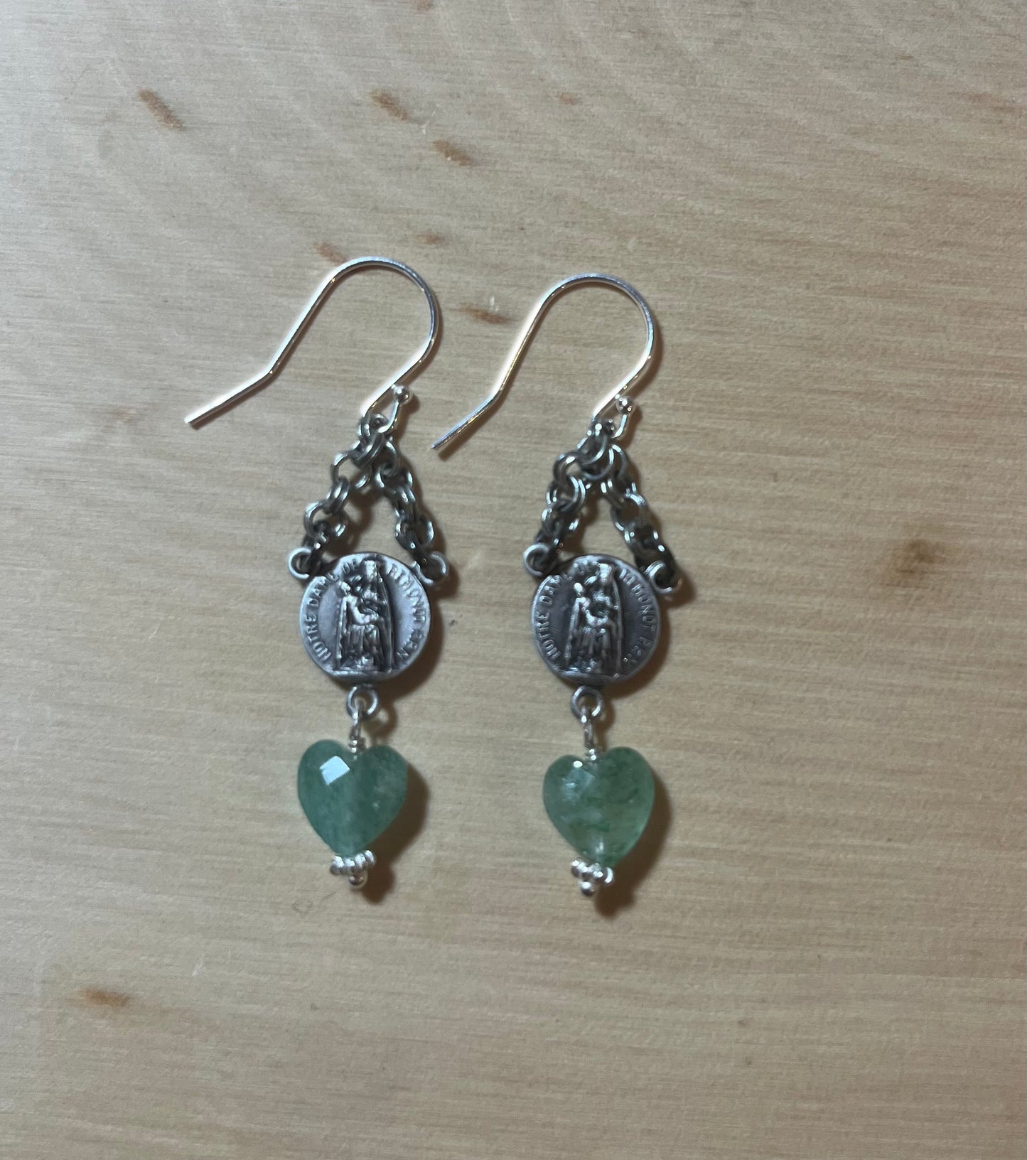 Vintage Mary earrings with moss quartz hearts