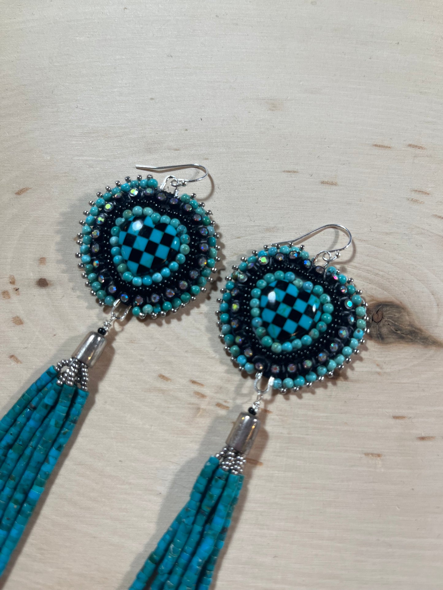 Checkerboard Heart Turquoise Beaded earrings with sterling silver