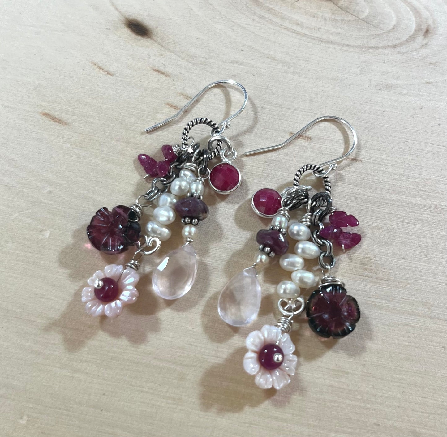 Cherry Blossom Ruby, Tourmaline and Shell earrings