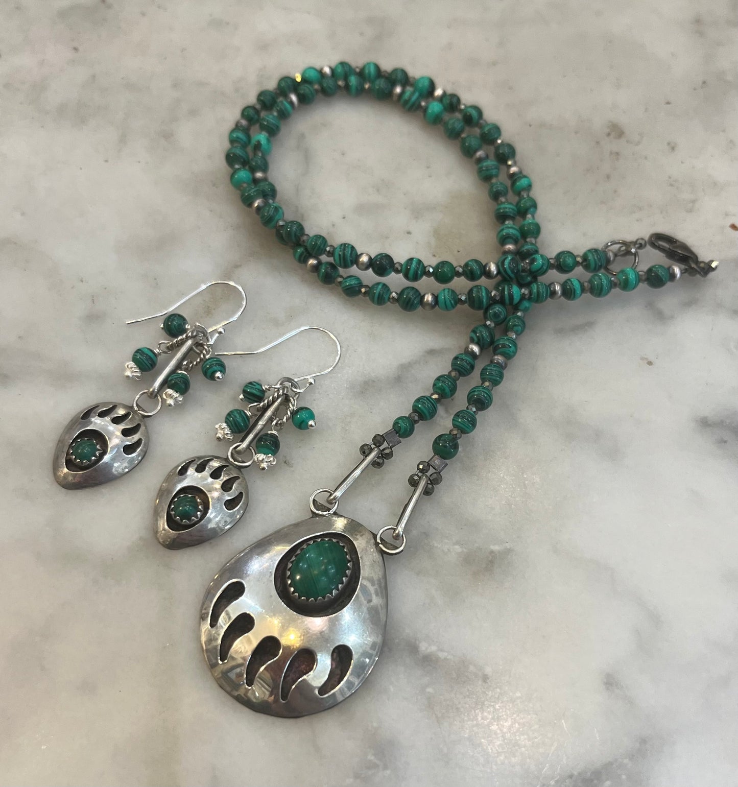 Vintage Navajo Bear Paw Necklace and Earrings Set with malachite