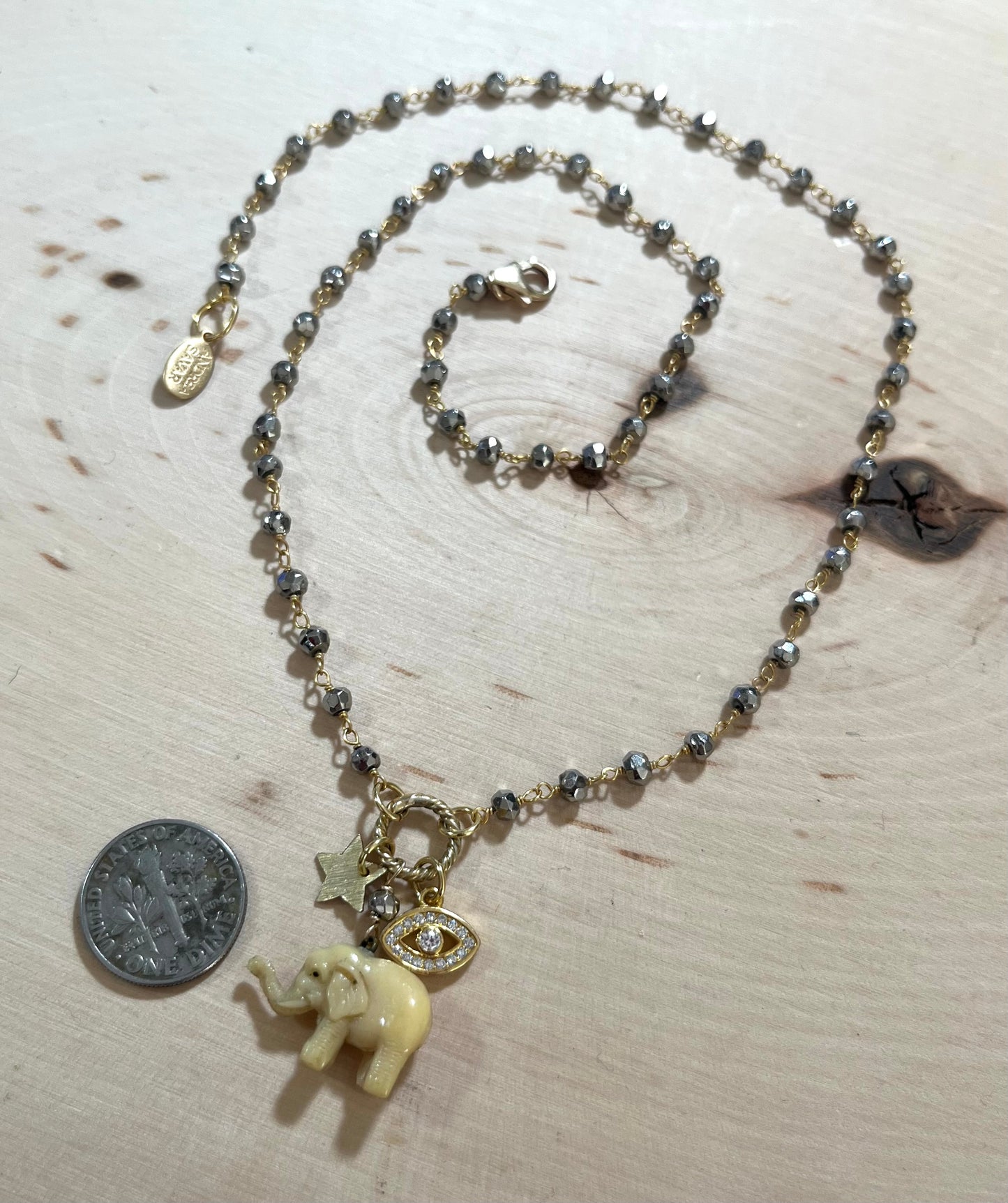 Vintage French Lucky Elephant Necklace with pyrite