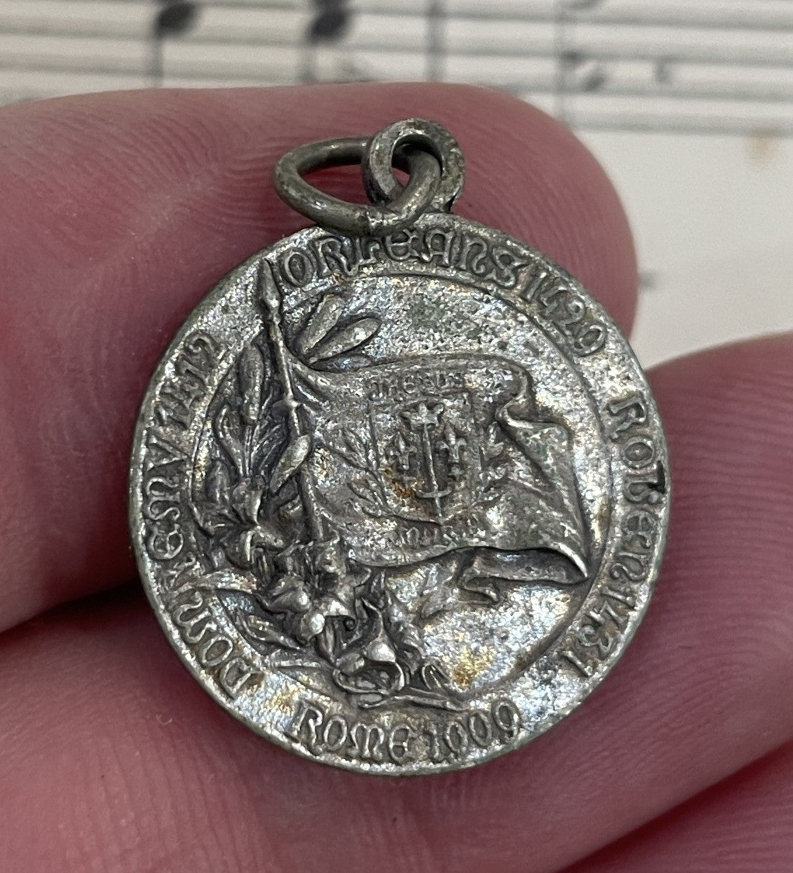 Antique French Silver Plated Joan of Arc Religious Medal c1920