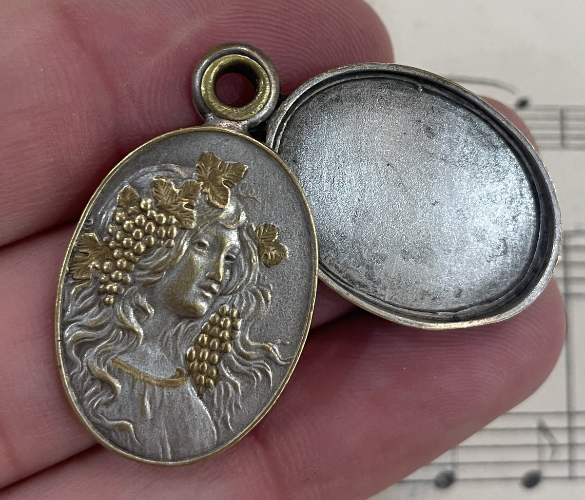 Antique Art Nouveau French Sliding Locket Pendant Woman Grapes c1900